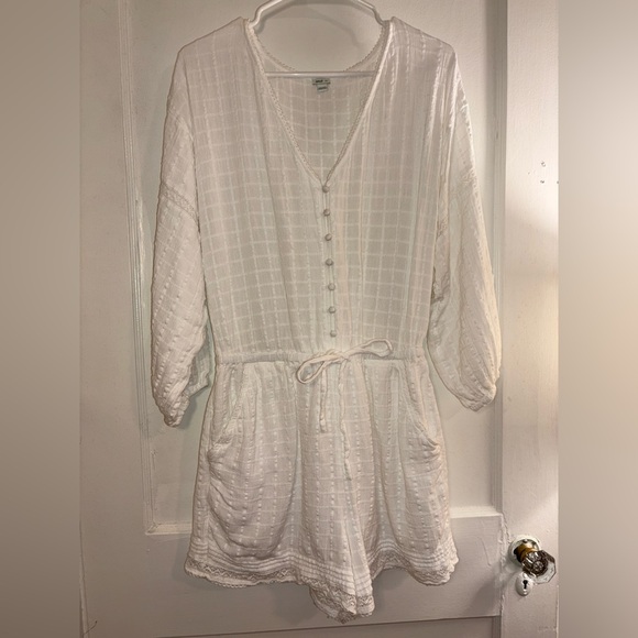 Aerie White Eyelet Button-Up Cotton Linen Romper 3/4 Sleeve Drawstring Waist - L - Picture 2 of 14